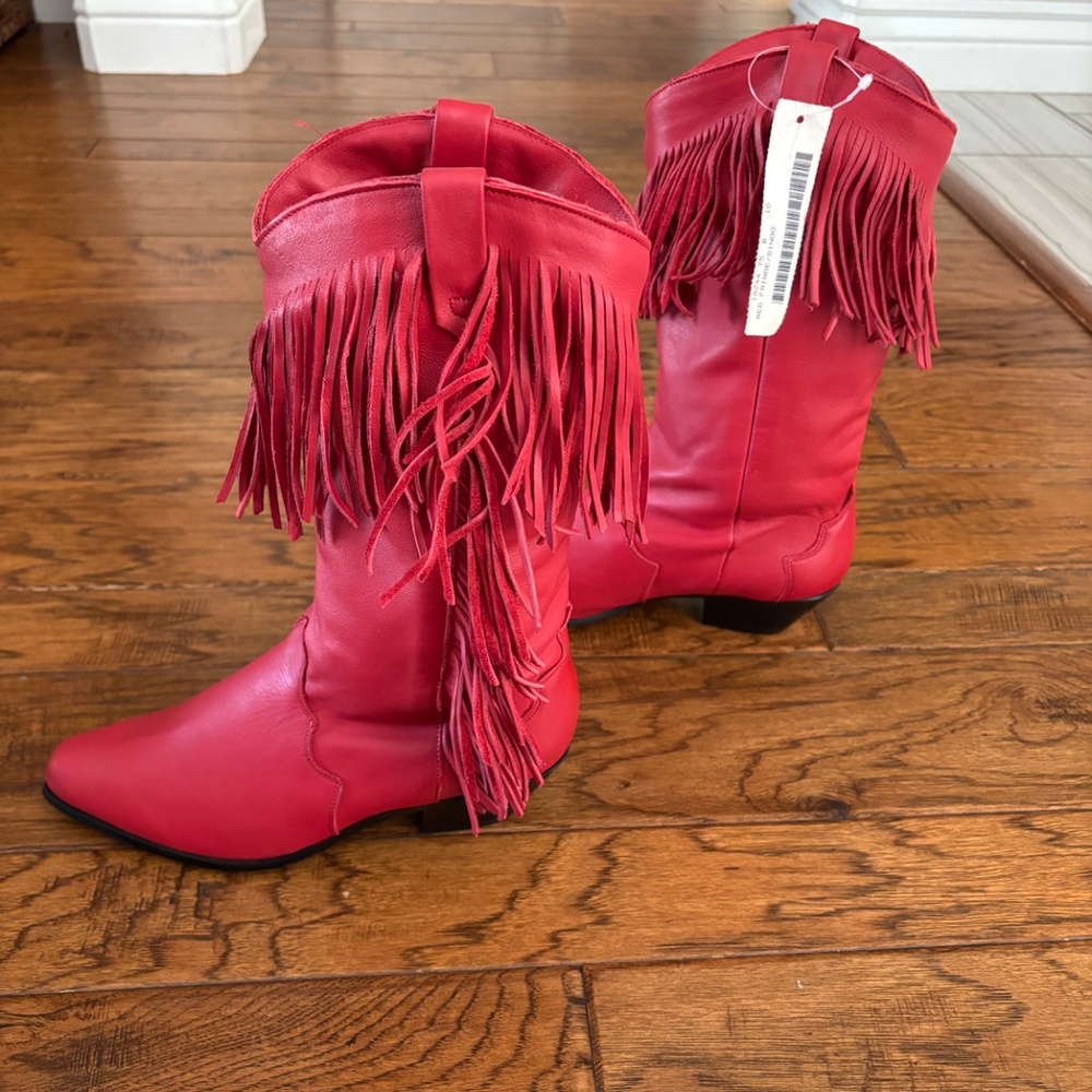 NWT Vintage 1980s Dingo Red Leather Boots with Fringe Women's US Size 7.5 - Picture 4 of 7